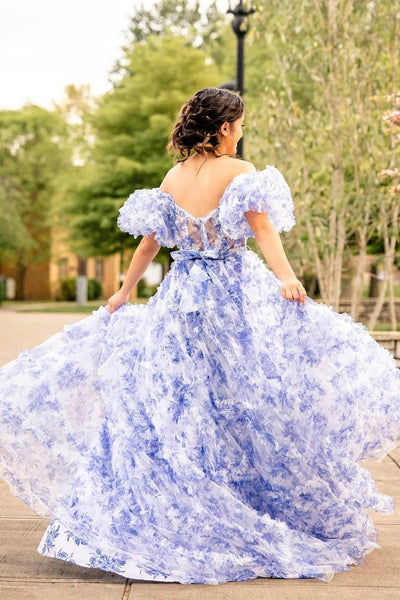 Charming A-Line Off the Shoulder Floral Printed Ruffle Tiered Prom Dresses VK24050604