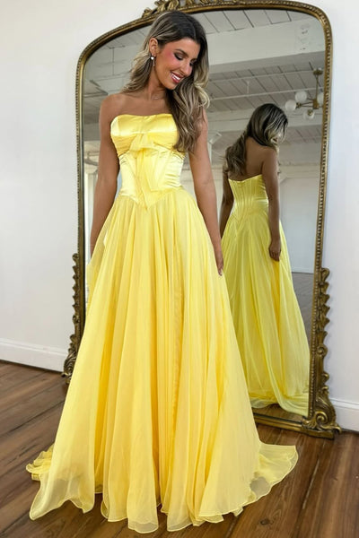 A Line Strapless Light Blue Chiffon Long Prom Dress with Slit VK22804