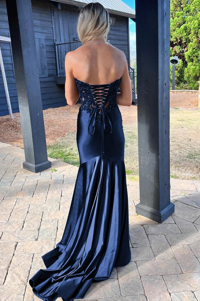 Mermaid Sweetheart Lace Satin Black Prom Dress with Slit