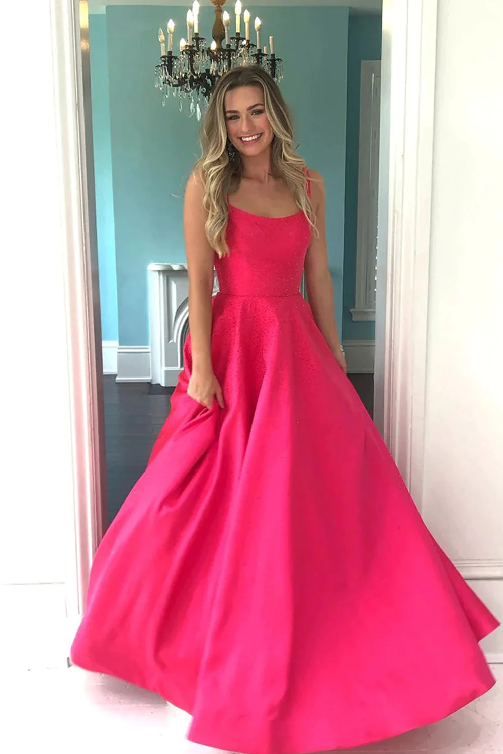 Sparkly Hot Pink Sequin Straps A-Line Long Prom Dress VK23100306