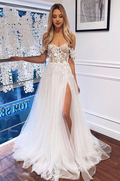 Bohemain A Line Sweetheart Tulle Slit Wedding Dresses with Appliques VK23061304
