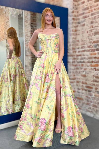 Cute A Line Scoop Neck Yellow Floral Satin Prom Dress VK26031801