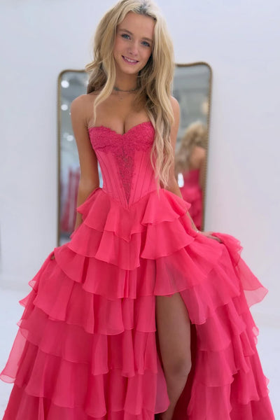 A-Line Strapless Yellow Ruffle Tiered Chiffon Prom Dresses with Slit VK26012610