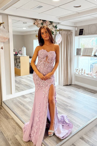 Mermaid Strapless Lilac Long Prom Dress with Appliques VK25030706