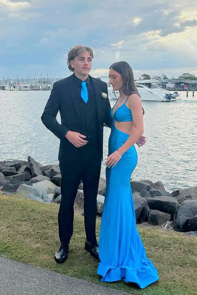 Charming Mermaid V Neck Blue Satin Prom Dresses VK24102409