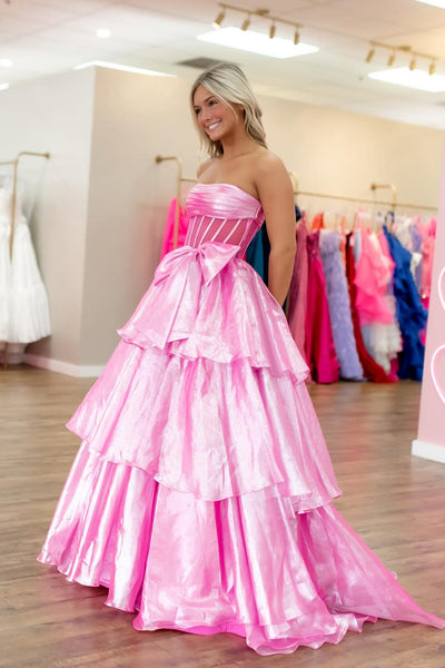 Ball Gown Strapless Pink Organza Ruffle Tiered Long Prom Dresses with Bowknot VK25032503