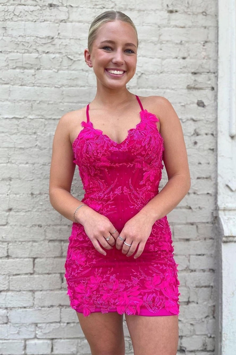 Hot Pink V Neck Bodycon Homecoming Dresses VK23062904