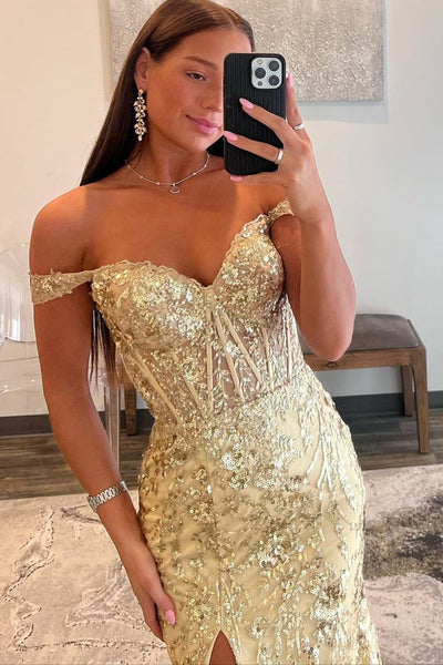 Gold Sequin Lace Off the Shoulder Mermaid Prom Dress VK23102308