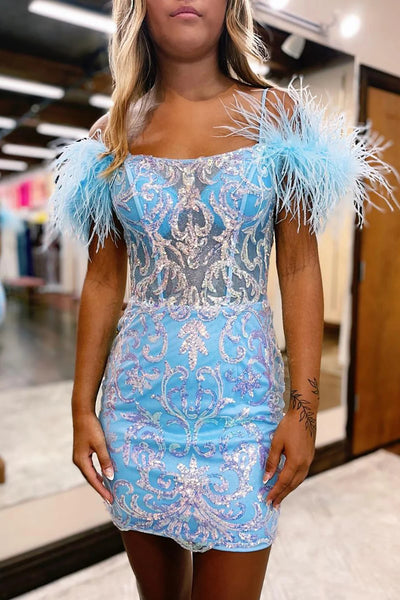 Sheath Off the Shoulder Light Blue Short Homecoming Dress with Feathers VK23080905