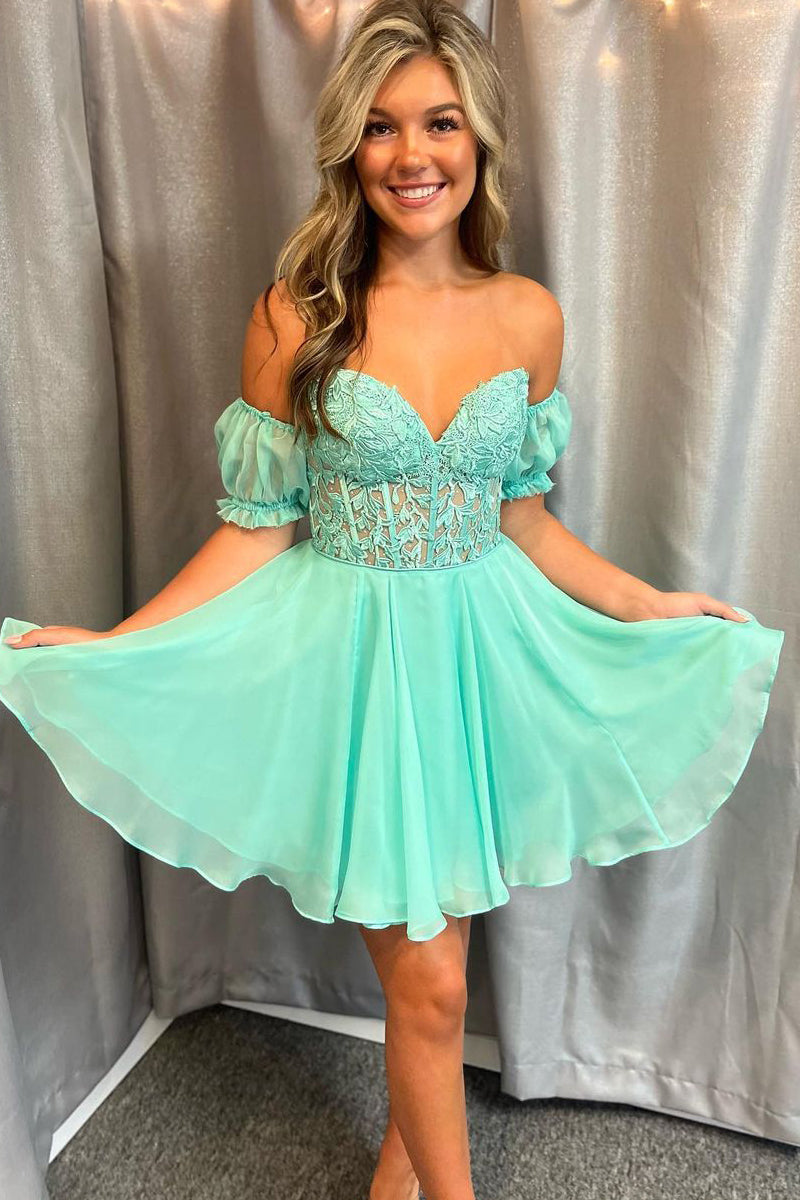 Cute A-Line Sweetheart Mint Chiffon Short Homecoming Dresses with Sleeve VK23081001