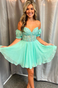Cute A-Line Sweetheart Mint Chiffon Short Homecoming Dresses with Sleeve VK23081001