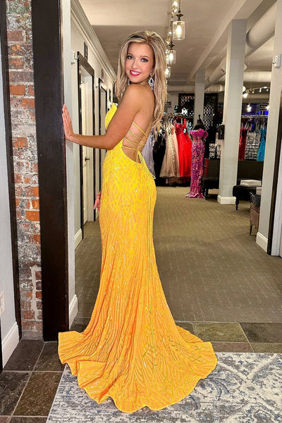 Yellow Strapless Sequins Mermaid Long Prom Dresses VK24040303