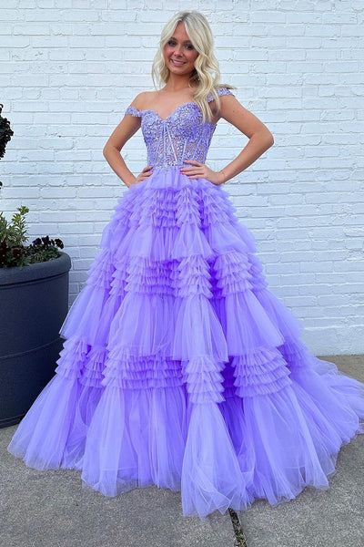 Lilac Off the Shoulder Ruffle Tiered Tulle Long Prom Dresses with Appliques VK24032405