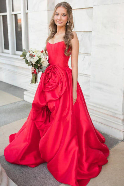 Red Strapless Ruched Floral Satin Long Prom Dresses VK26011505