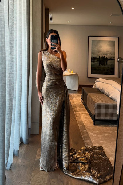 Gorgeous Sheath One Shoulder Brown Long Evening Formal Dress VK26031103