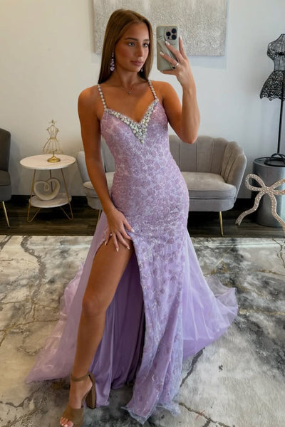 Mermaid V Neck Lilac Lace Long Prom Dresses with Slit VK26030109