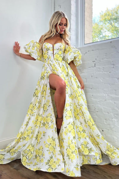 Chic A-Line Strapless Floral Print Satin Long Prom Dresses with Sleeves VK24010301