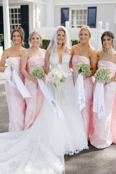 Cute Sheath Light Pink Jacquard Satin Long Bridesmaid Dresses with Big Bow VK26102909