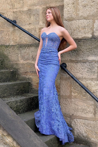 Periwinkle Strapless Floral Mermaid Long Prom Dress VK23112703