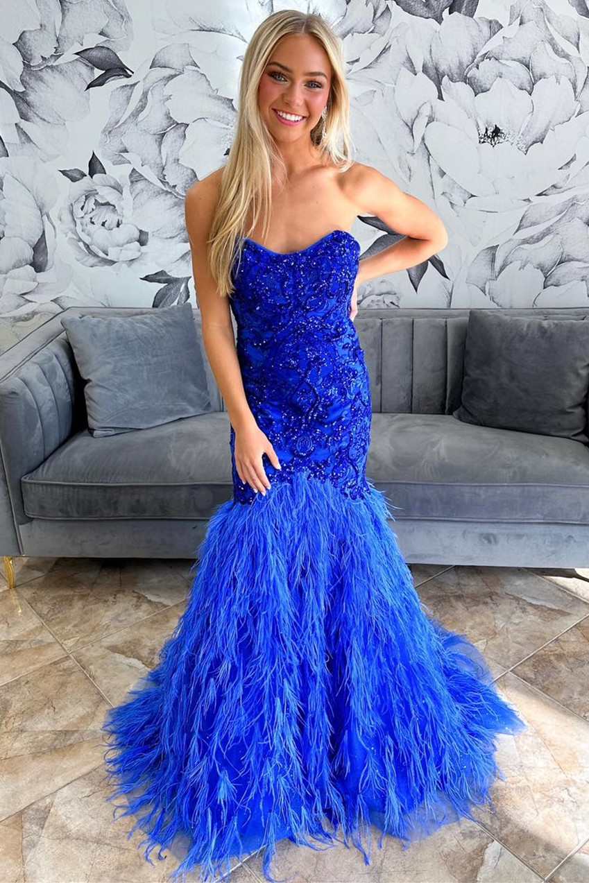 Royal Blue Feathers Beaded Strapless Trumpet Long Formal Gown VK23092401