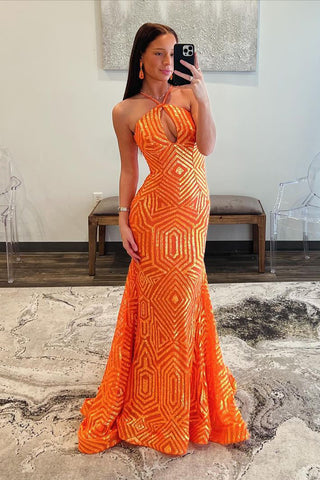 Mermaid Halter Keyhole Orange Sequins Long Prom Dresses VK24022602
