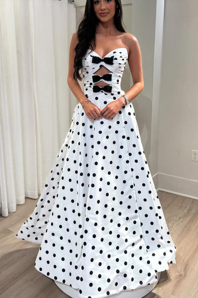 Cute A Line Sweetheart White Black Dot Satin Prom Dress with Bow VK16012701