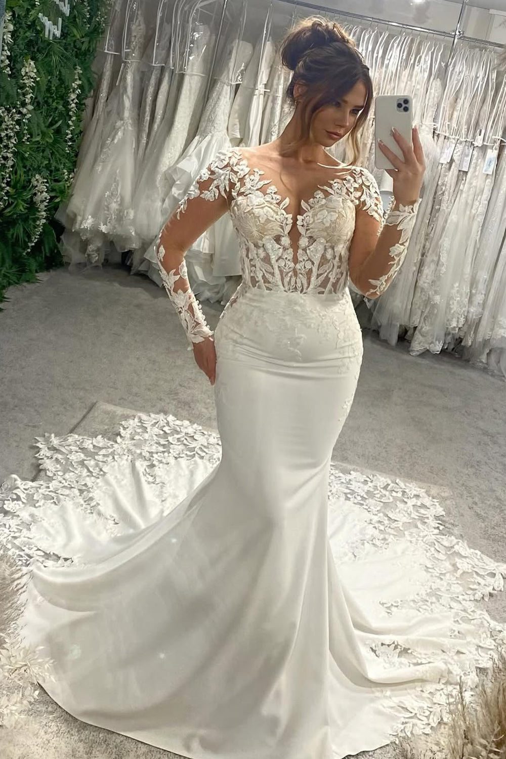 Gorgeous Mermaid V Neck Elastic Satin Wedding Dresses with Appliques VK25051704