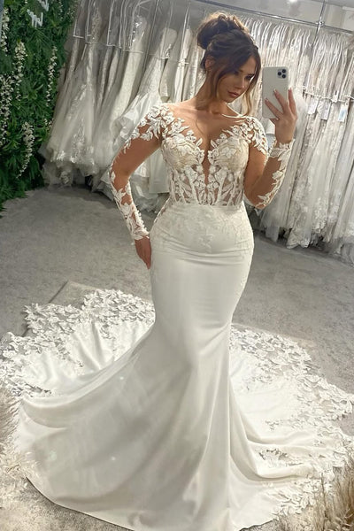Gorgeous Mermaid V Neck Elastic Satin Wedding Dresses with Appliques VK25051704