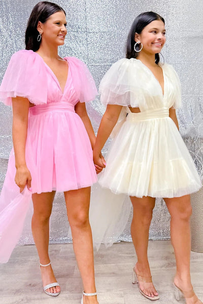 Pink Plunge V A-Line Homecoming Dress with Flutter Sleeves VK23063007