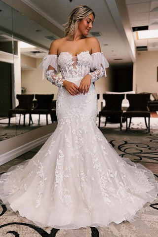 Mermaid Sweetheart White Tulle Wedding Dresses with Sleeves VK23101703