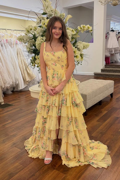 Sweet A Line Square Neck Yellow Floral Chiffon Long Prom Dress with Slit VK26030809