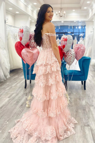 Pink A-Line Off The Shoulder Tiered Prom Dress VK23100609