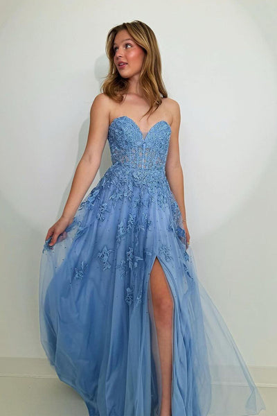 Blue Strapless Tulle Appliques Long Prom Dress with Slit VK24031302