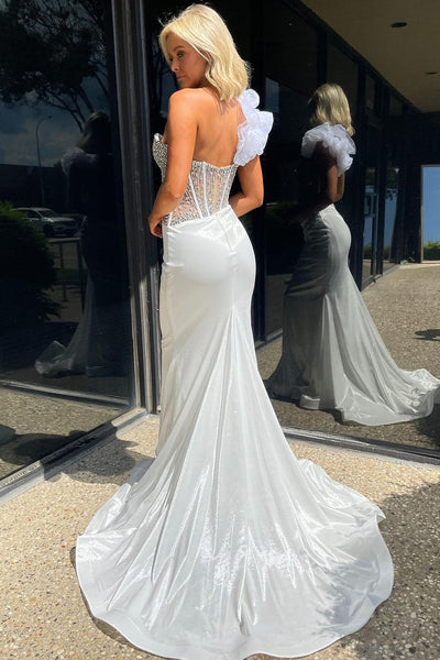 Cute Mermaid One Shoulder Silver Organza Satin Long Prom Dress with Beading