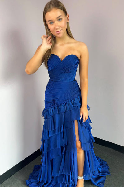 Charming Mermaid Sweetheart Royal Blue Chiffon Prom Dress with Slit VK25010707