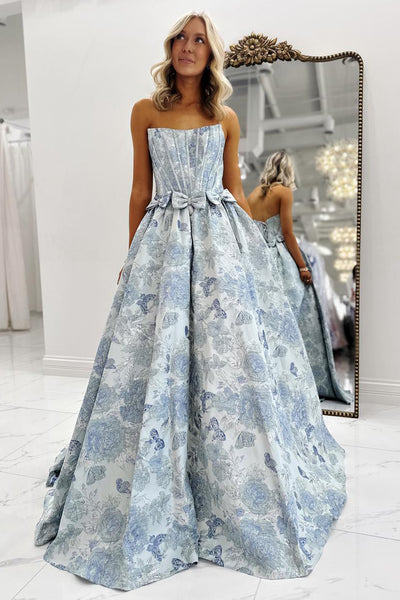 A-Line Strapless Jacquard Satin Long Prom Dresses with Bow VK26020902