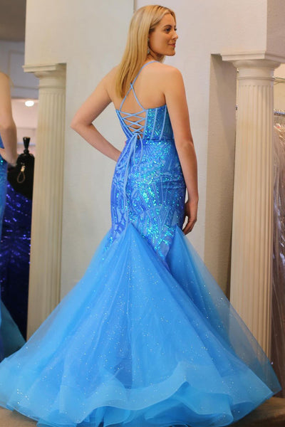 Blue Sequin Lace Sweetheart Mermaid Long Prom Dresses VK23121401