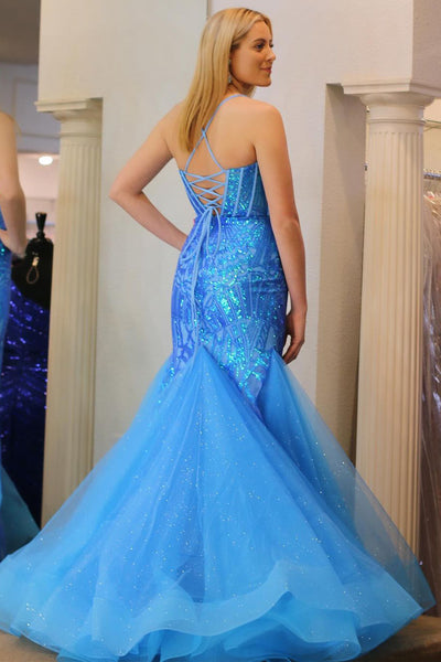 Blue Sequin Lace Sweetheart Mermaid Long Prom Dresses VK23121401