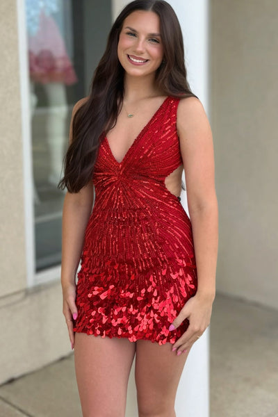 Sparkly Bodycon V Neck Red Sequins Homecoming Dress with Beading VK26070712