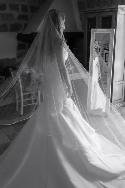 Elegant Mermaid Strapless White Satin Wedding Dresses with Train VK26081514