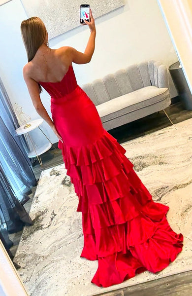 Mermaid Sweetheart Red Satin Ruffles Corset Beaded Long Prom Dresses with Side Slit VK25101506