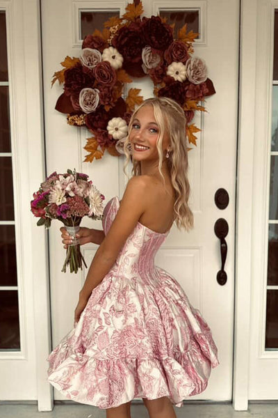 A Line Scoop Neck Blush Jacquard Satin Homecoming Dress VK25100610