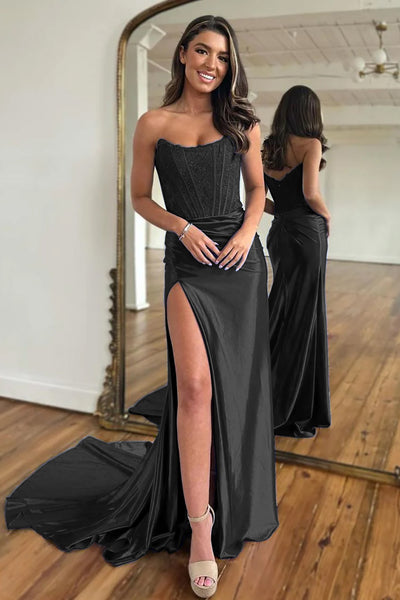 Fuchsia Sparkly Sheath Corset Long Prom Dress with Slit VK022506
