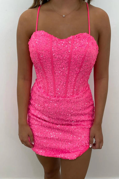 Sparkly Blue Corset Sequins Tight Short Homecoming Dress with Slit VK23082808