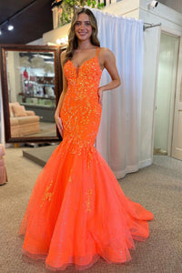 Orange V Neck Tulle Mermaid Long Prom Dresses with Appliques VK24011802