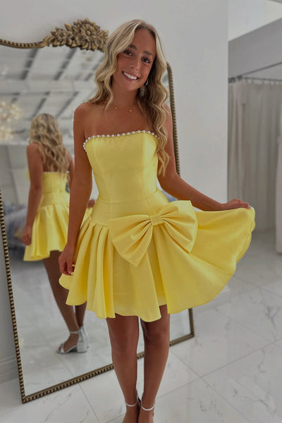 A Line Strapless Yellow Satin Homecoming Dress with Beading VK26080907