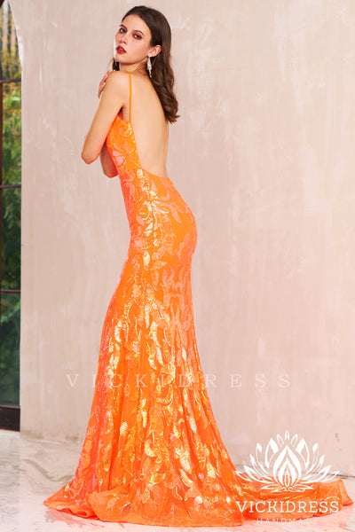Orange V Neck Sequins Lace Mermaid Long Prom Dresses VK24010712