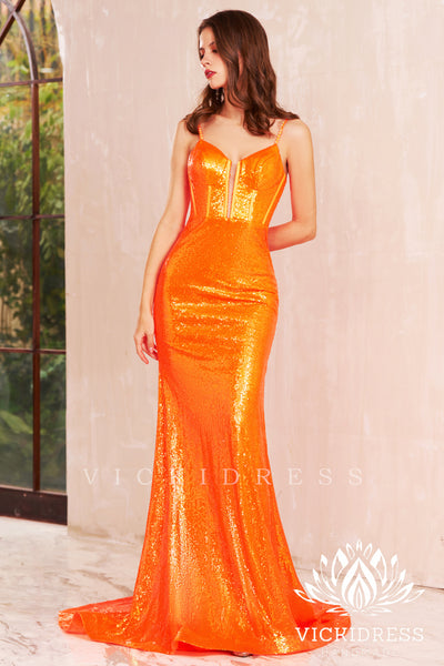 Orange Sequins Beaded Straps Mermaid Long Prom Dresses VK24010717