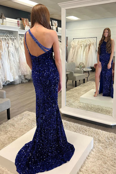 Sparkly Dark Blue Sequins Mermaid One Shoulder Long Prom Dress with Slit VK23101407