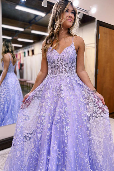 Cute A Line Sweetheart Lavender Sparkly Lace Tulle Prom Dresses